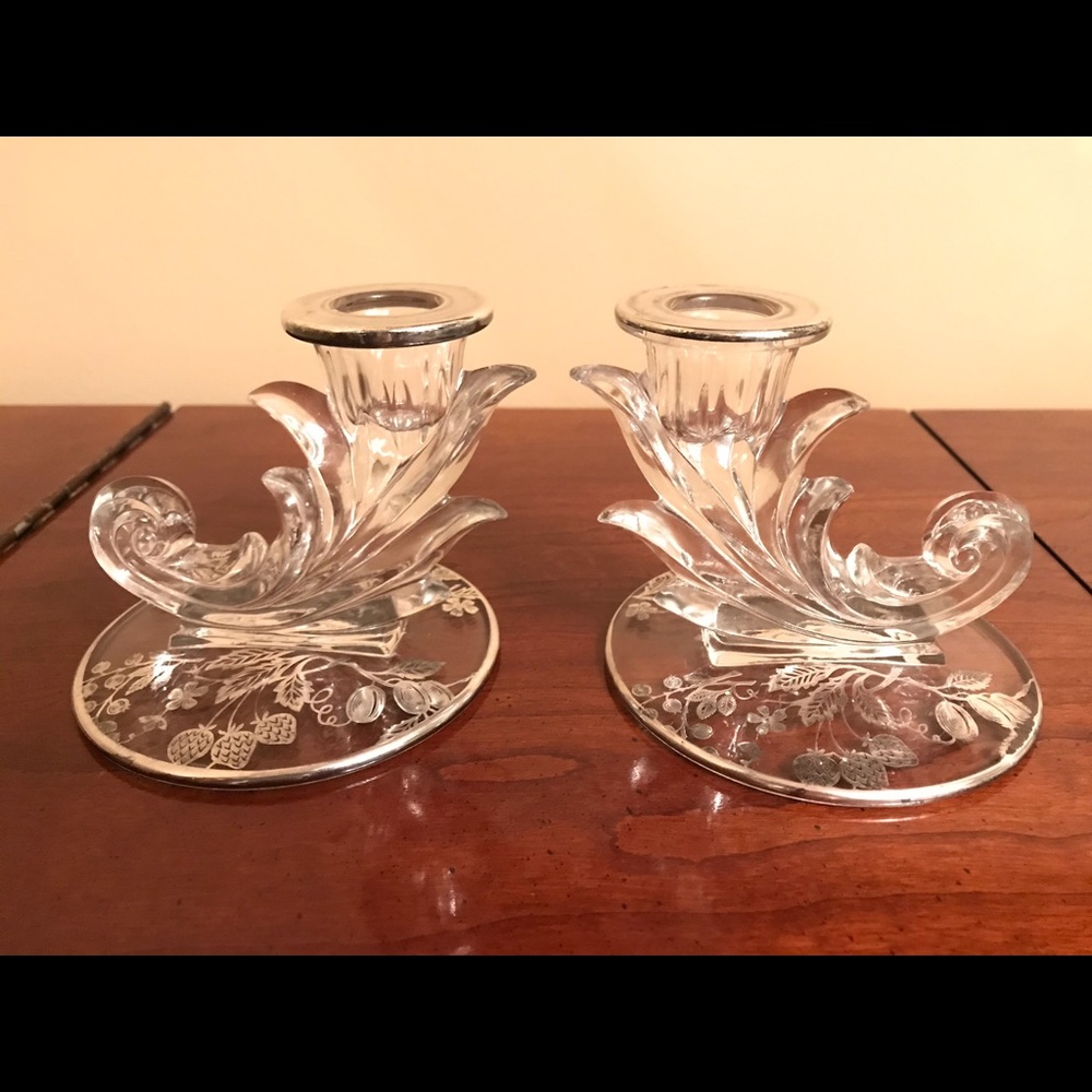 Fostoria glass candle holders with silver overlay